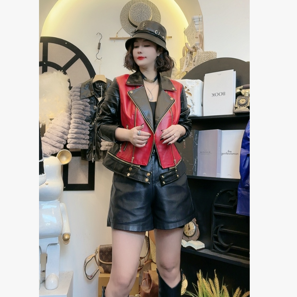 D25 122925 新款网红爆款撞色拼接设计感机车皮衣夹克外套