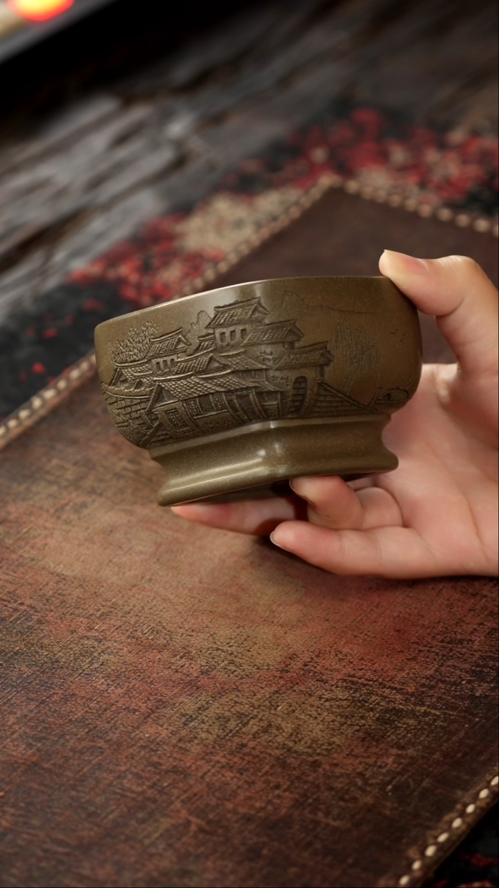 茶杯紫砂非遗茶器-人家青段方杯