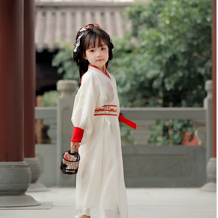 萌乎【骊歌】春款儿童汉服直裾国风女童战国袍古风双色套装241698