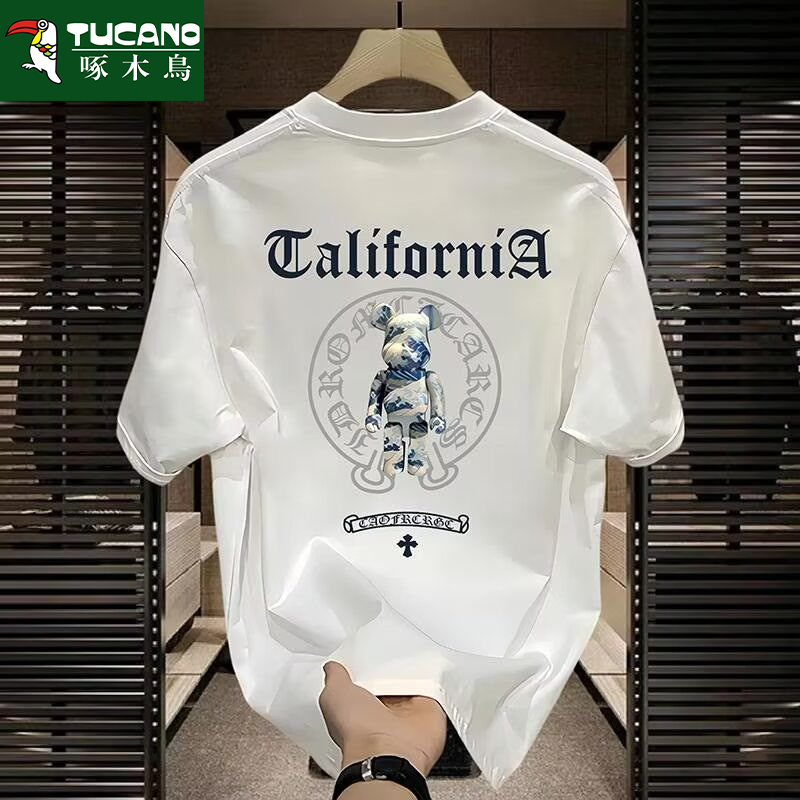 啄木鸟男士短袖T恤美式休闲潮流夏季圆领印花高级感打底透气T恤