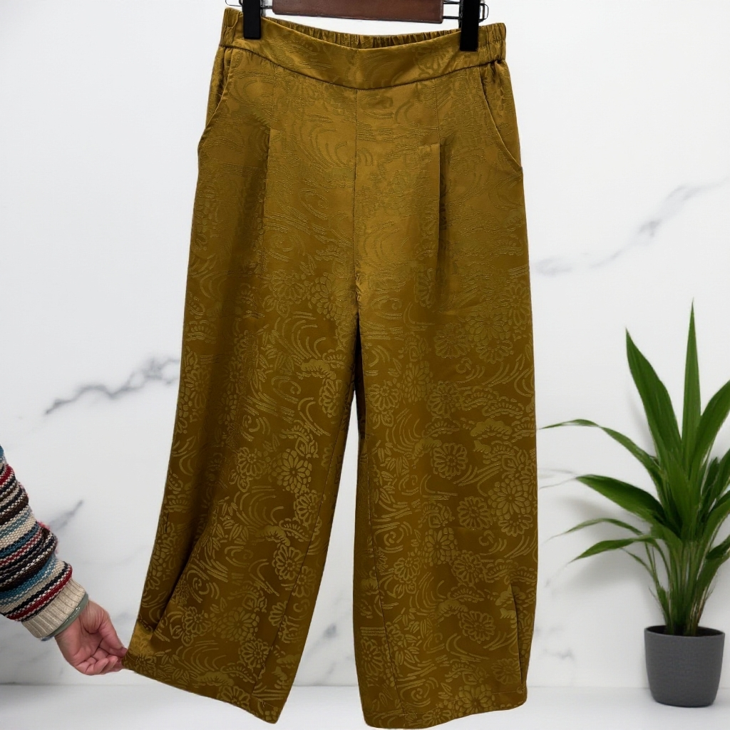 831【云锦坊】新款复古宽松文艺休闲百搭轻奢缂丝提花减龄弯刀裤