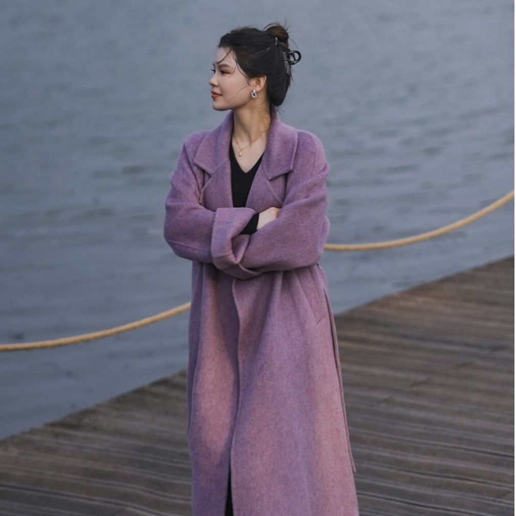 秋冬气质高端双面呢大衣女显瘦插肩袖保暖长款纯色中长款毛呢外套