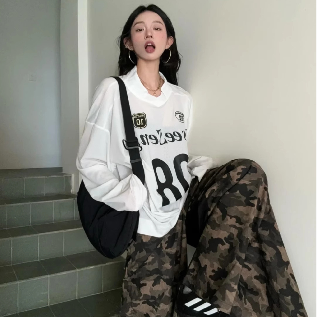 美式网透凉感球衣字母印花运动户外宽松长袖T恤夏季薄防晒服长袖