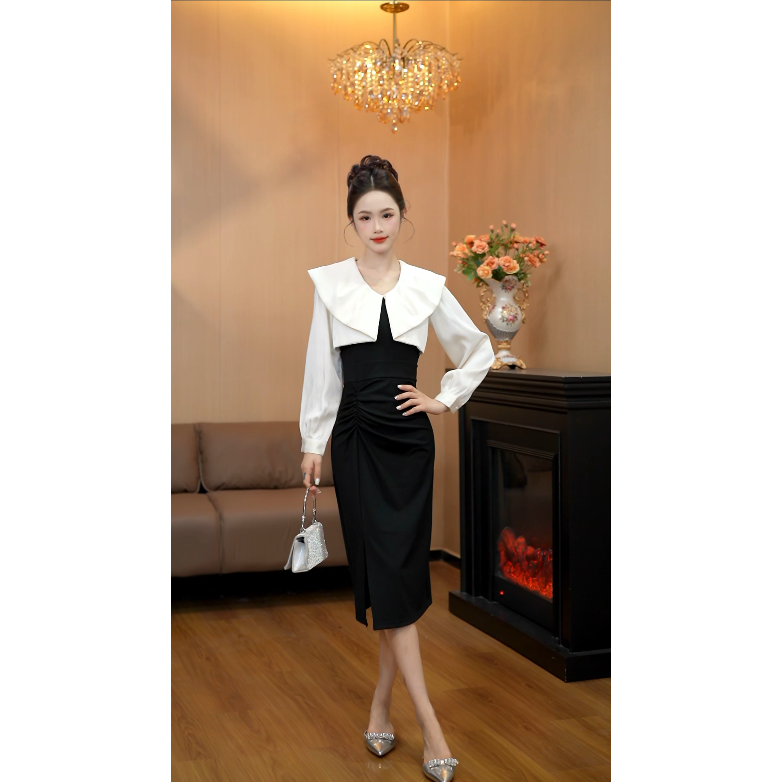 秋冬新款撞色荷叶领6986长袖显瘦连衣裙中长裙