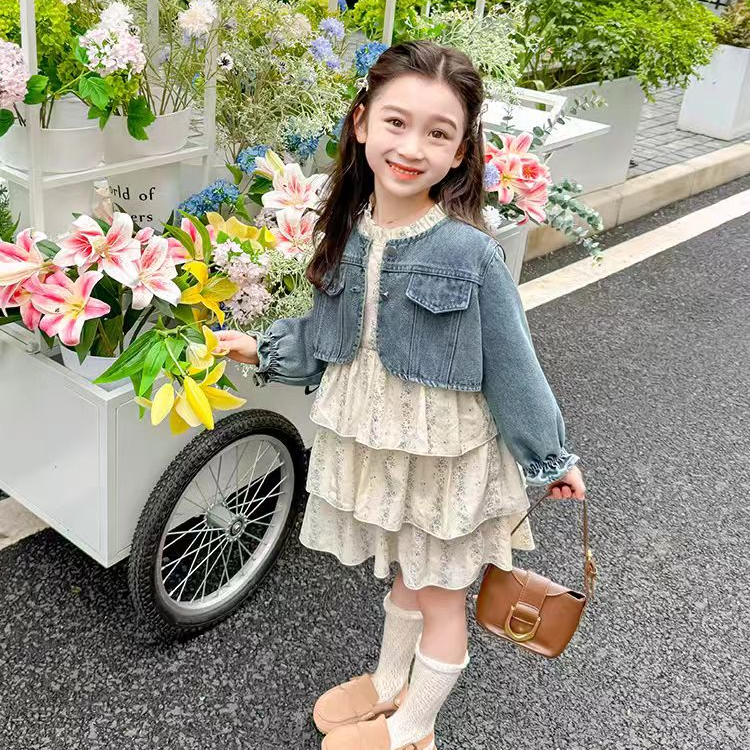 小丸子  52127女童洋气秋季碎花长袖连衣裙2025牛仔外套裙子套