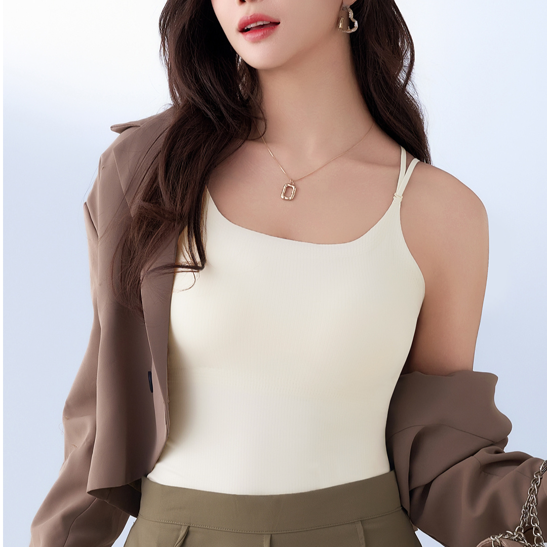 纯色冰丝无痕螺纹内衣背心吊带双肩带美背透气内搭打底带胸垫上衣