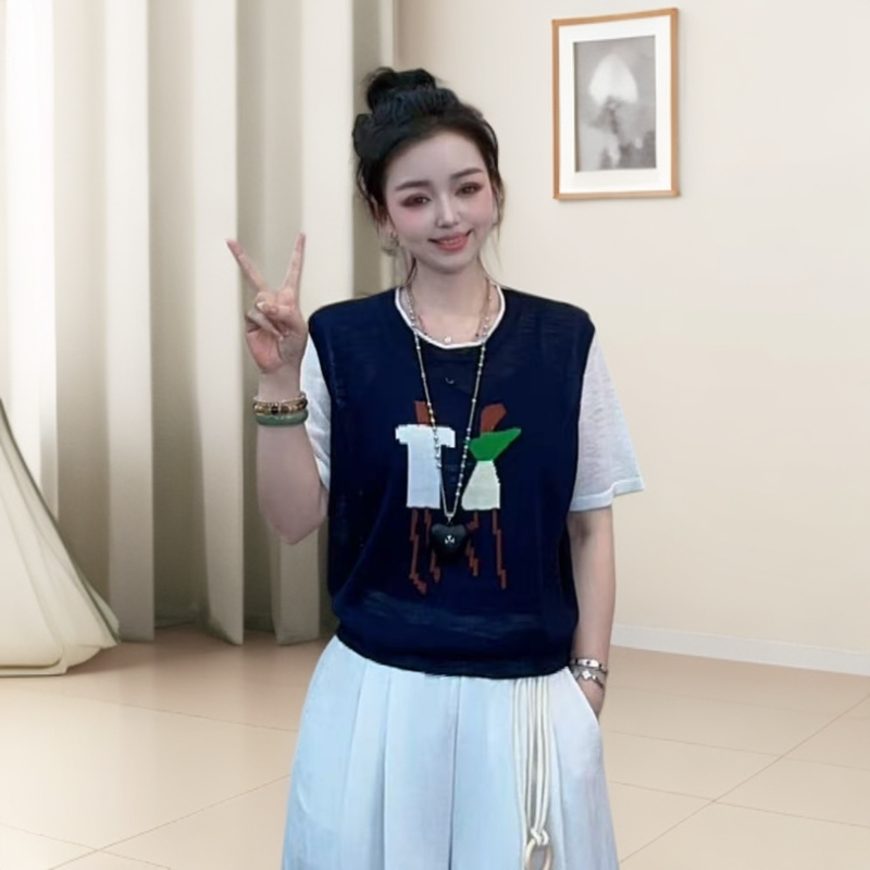 夏季百搭休闲时尚双人行潮酷撞色针织衫7723