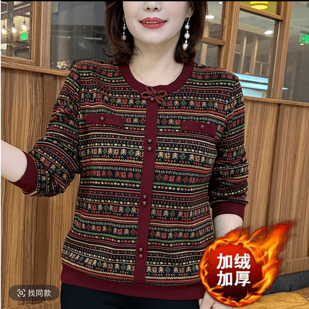 秋冬新款圆领时尚印花妈妈装加绒保暖洋气长袖上衣宽松显瘦女装