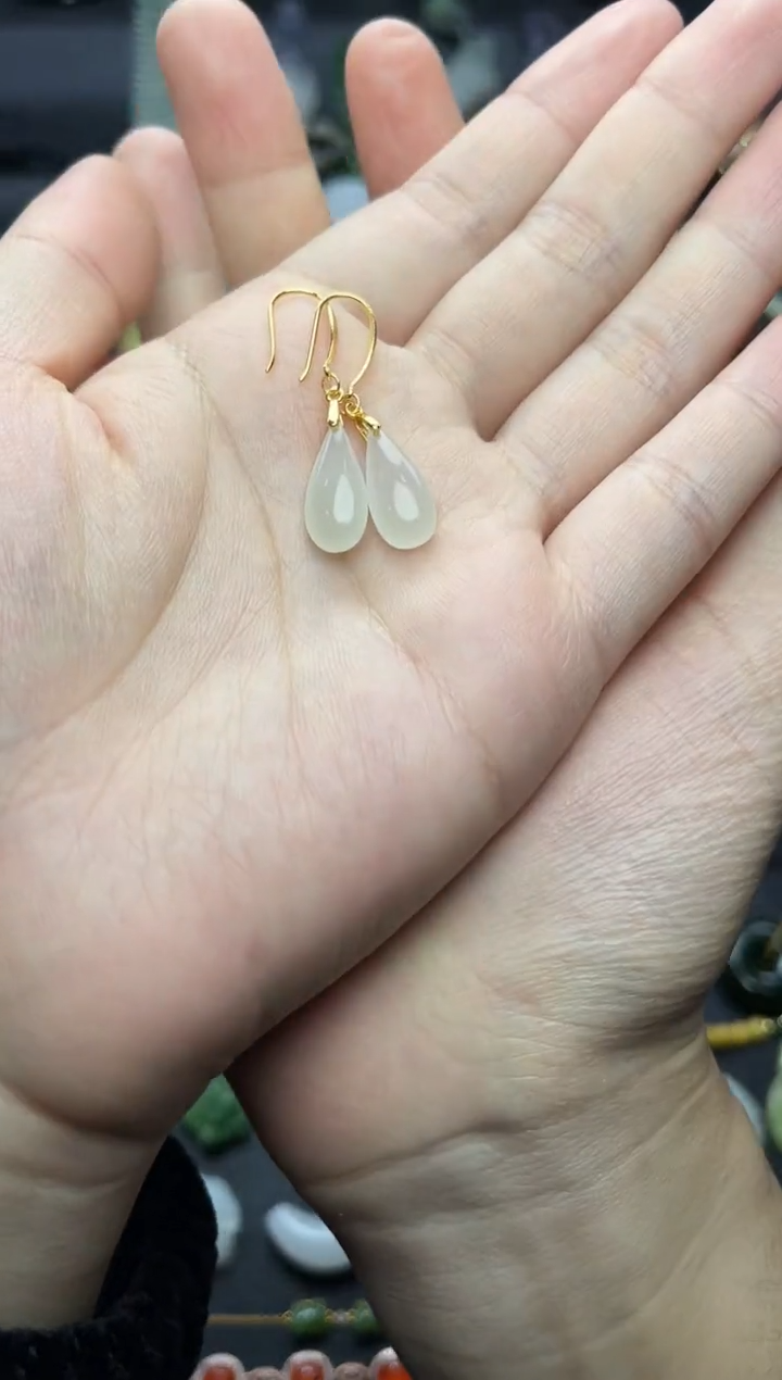 银S925镶嵌和田玉耳饰水滴耳钩06