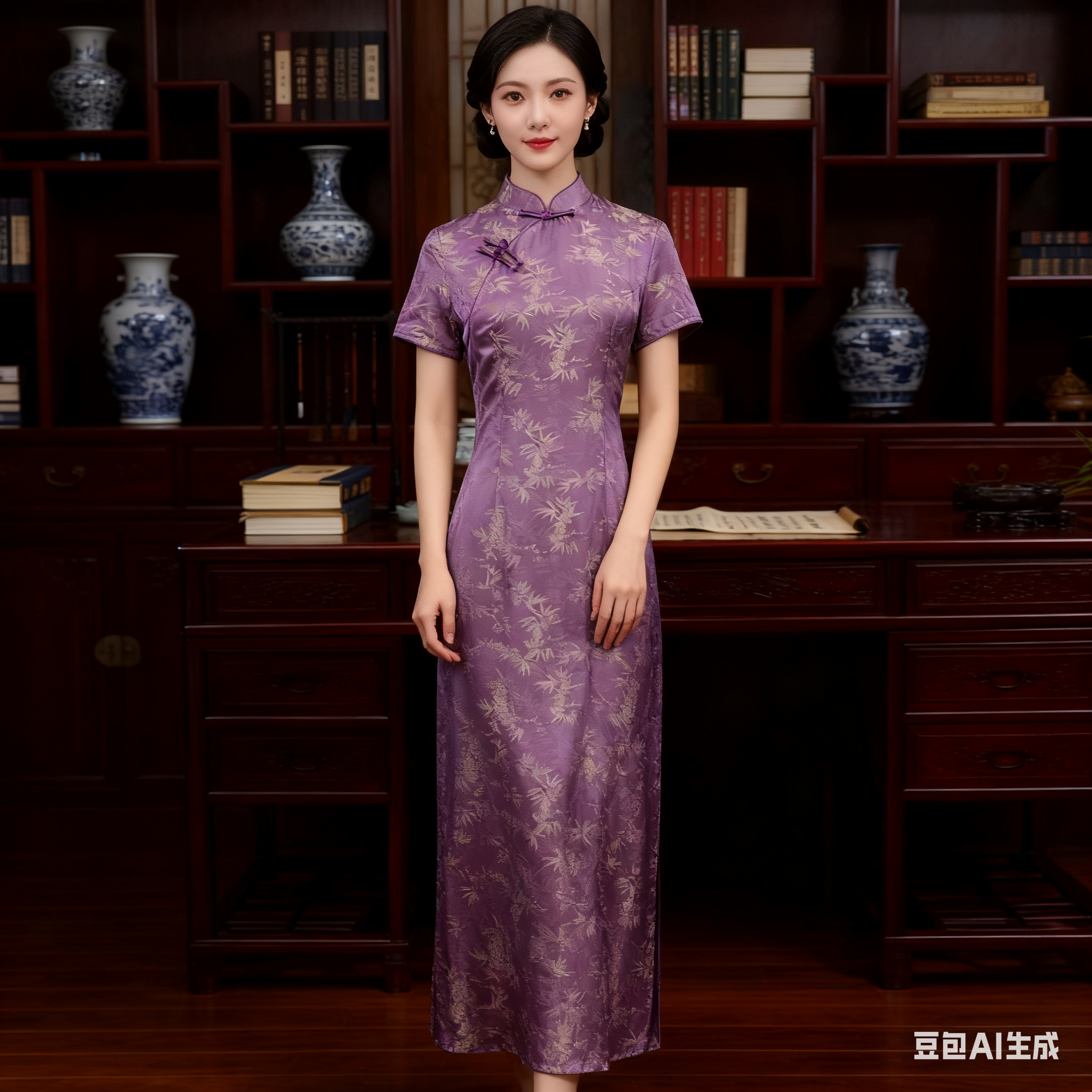 [文竹]夏季新款改良旗袍裙年轻款立领优雅显瘦新中式连衣裙