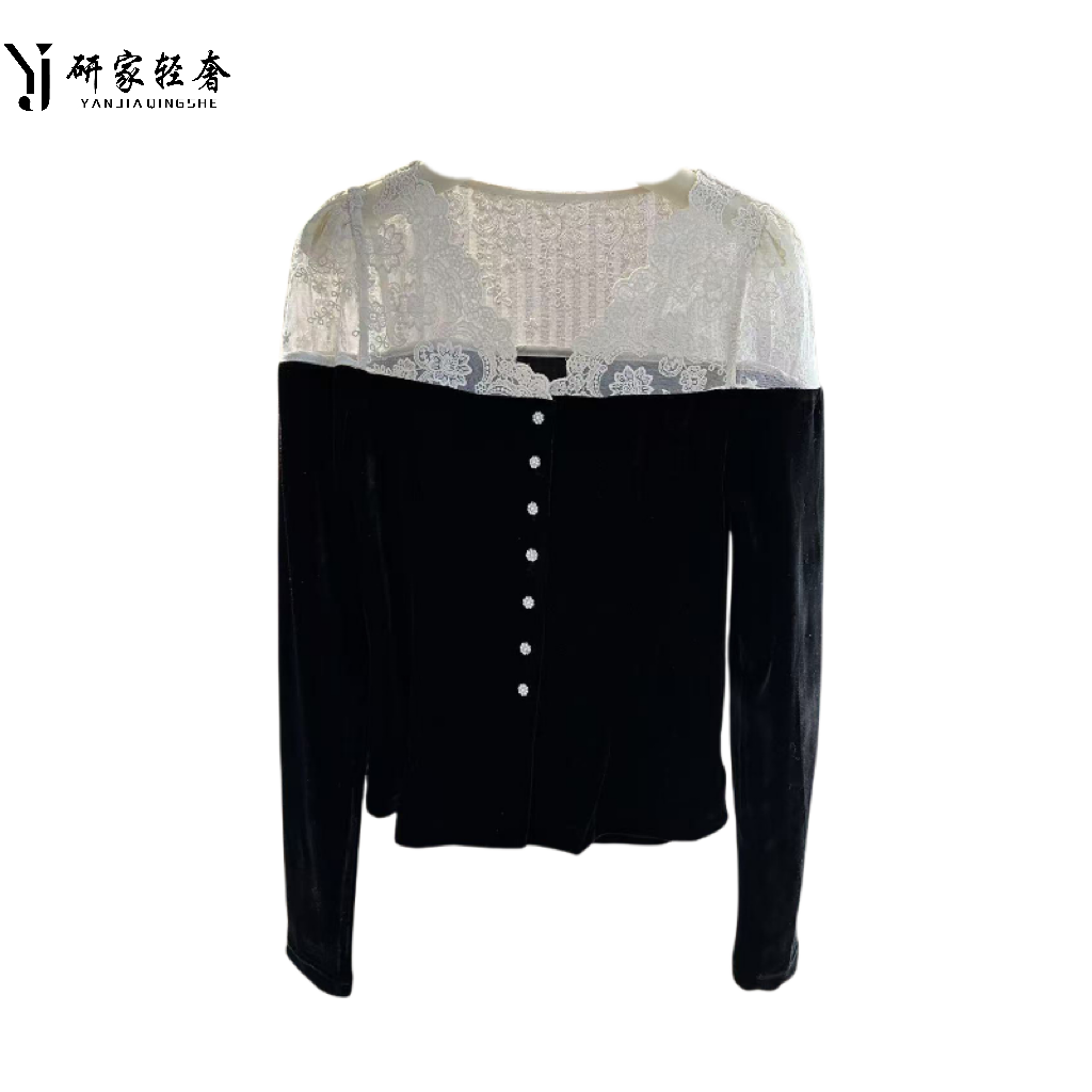 5598研家轻奢气质撞色花边V领蕾丝长袖拼接丝绒衬衫上衣