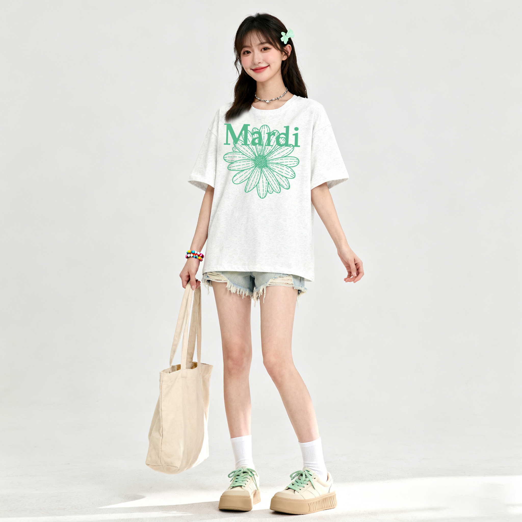 【MARDI】小雏菊印花短袖纯棉T恤圆领宽松时尚短袖休闲百搭韩版女装