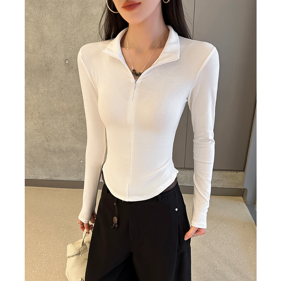 动感少女长袖上衣女2025新款秋修身内搭正肩翻领t恤秋季打底衫