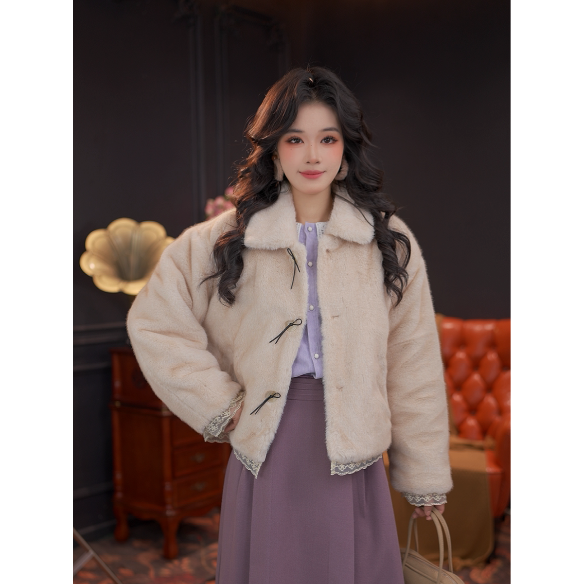 婉儿【纯宁】加厚保暖开衫上衣蕾丝花边拼接水貂毛短外套女#K10283
