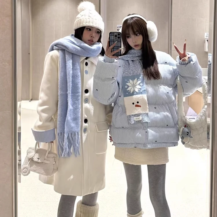 小雪 现货 运补6-8【501】棉服女短款条纹蓝色2025秋冬新款外套棉袄