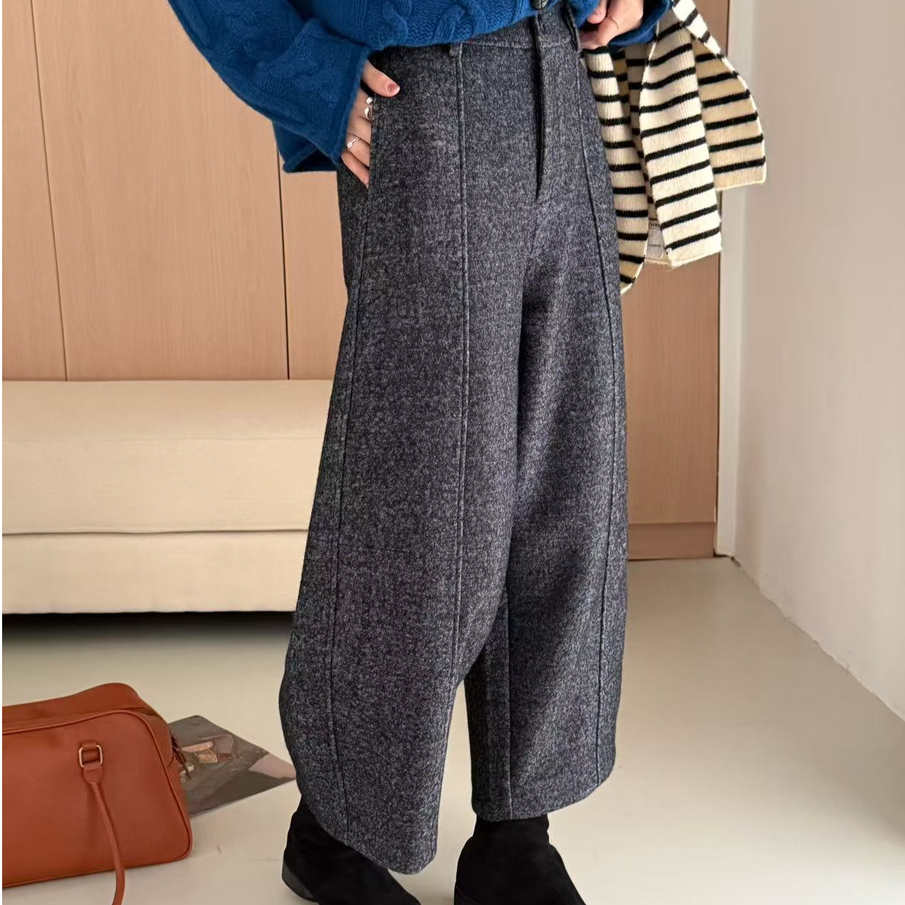 【BALANCN】九分裤秋冬毛呢时髦百搭后松紧腰羊毛阔腿裤女BL51107