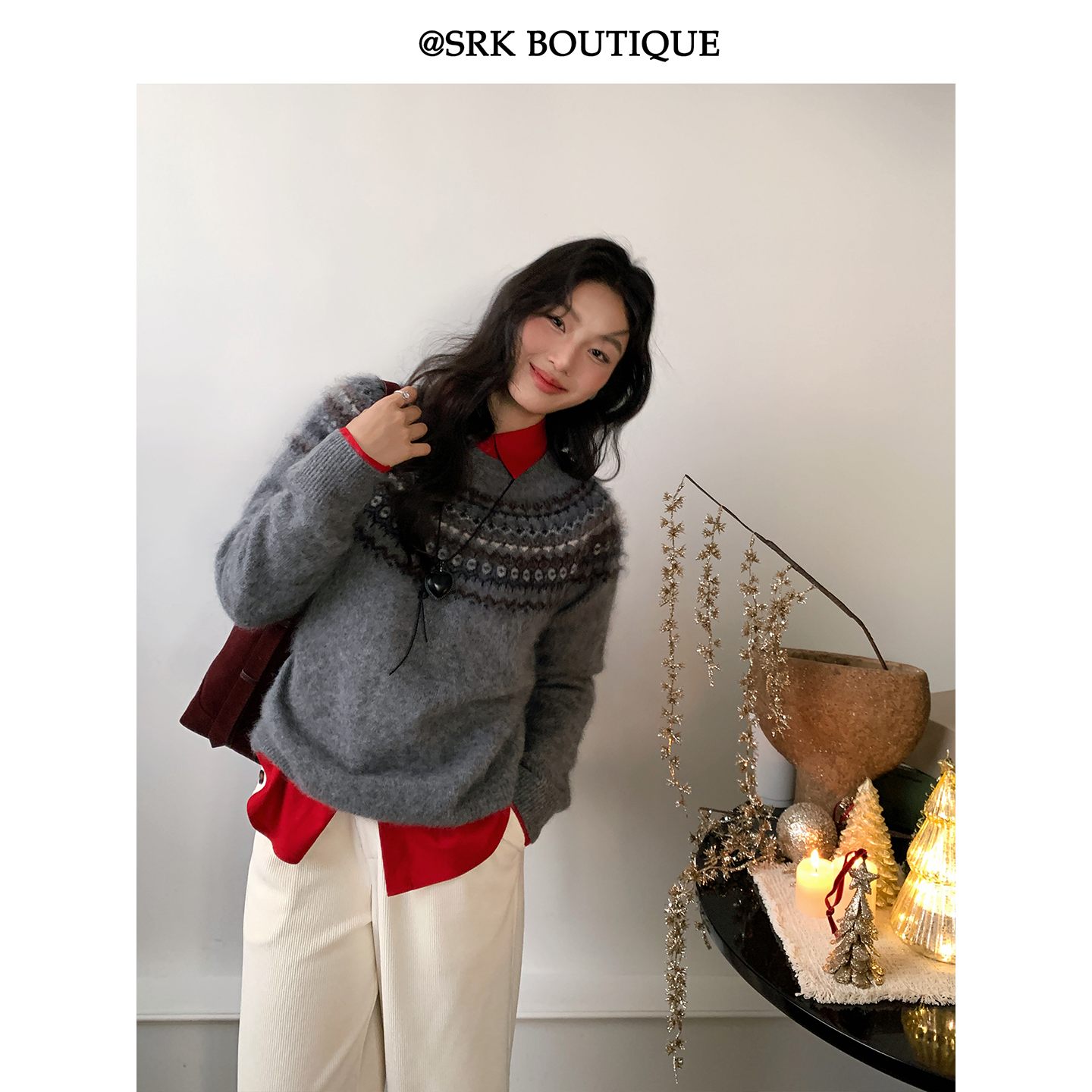 法式高级定制无缝一体毛衣宽松拉绒提花设计感复古针织衫S2DW0961