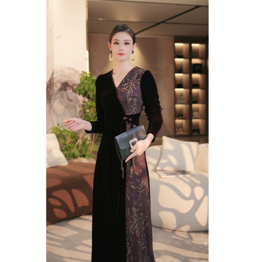 原创设计V领气质优雅收腰显瘦新中式改良连衣裙法式秋冬6266.