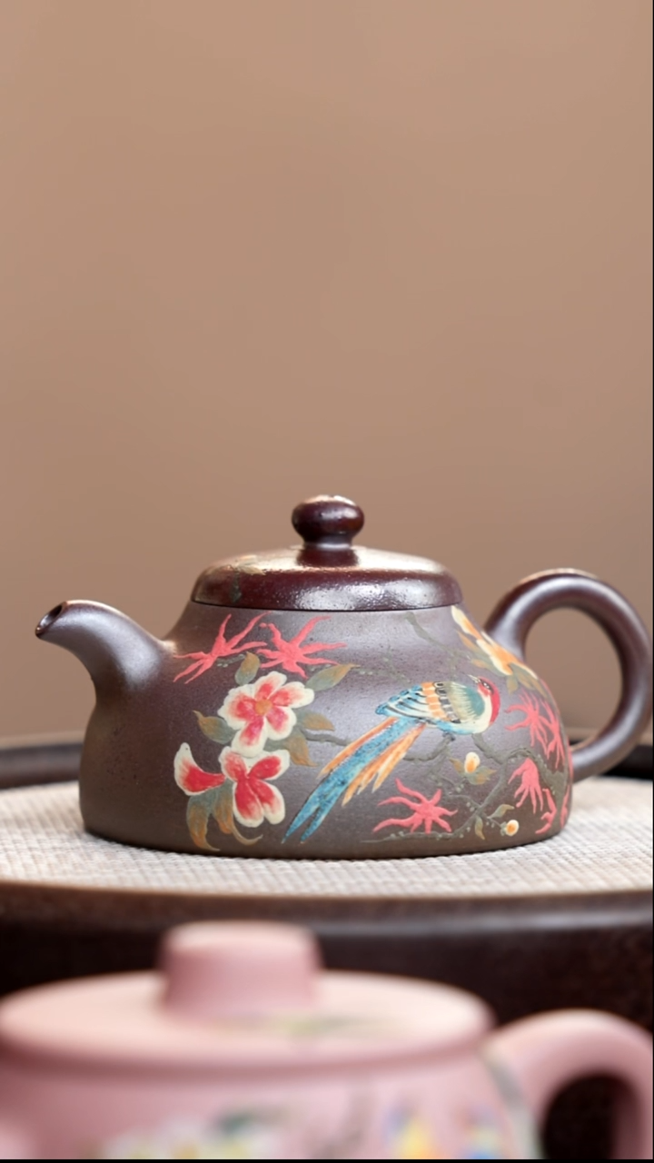 茶壶紫砂柴烧朱泥怀颖泥绘花鸟