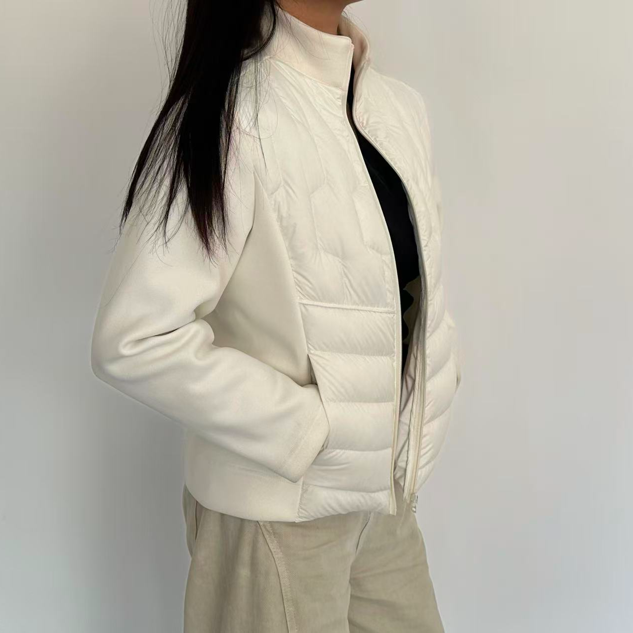 女短款立领拼接袖时尚瑜伽保暖轻薄羽绒服95QY021