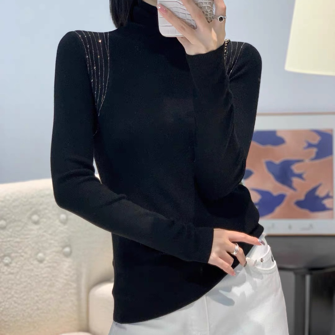 【锦衣服饰】DZG 8761韩系肩烫钻高领长袖针织衫