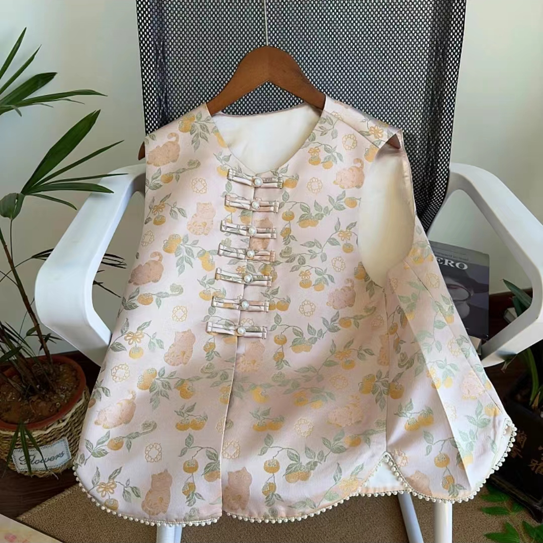 猫的如意款中式马甲V领织锦拼接珠珠复古无袖时尚开肩上衣