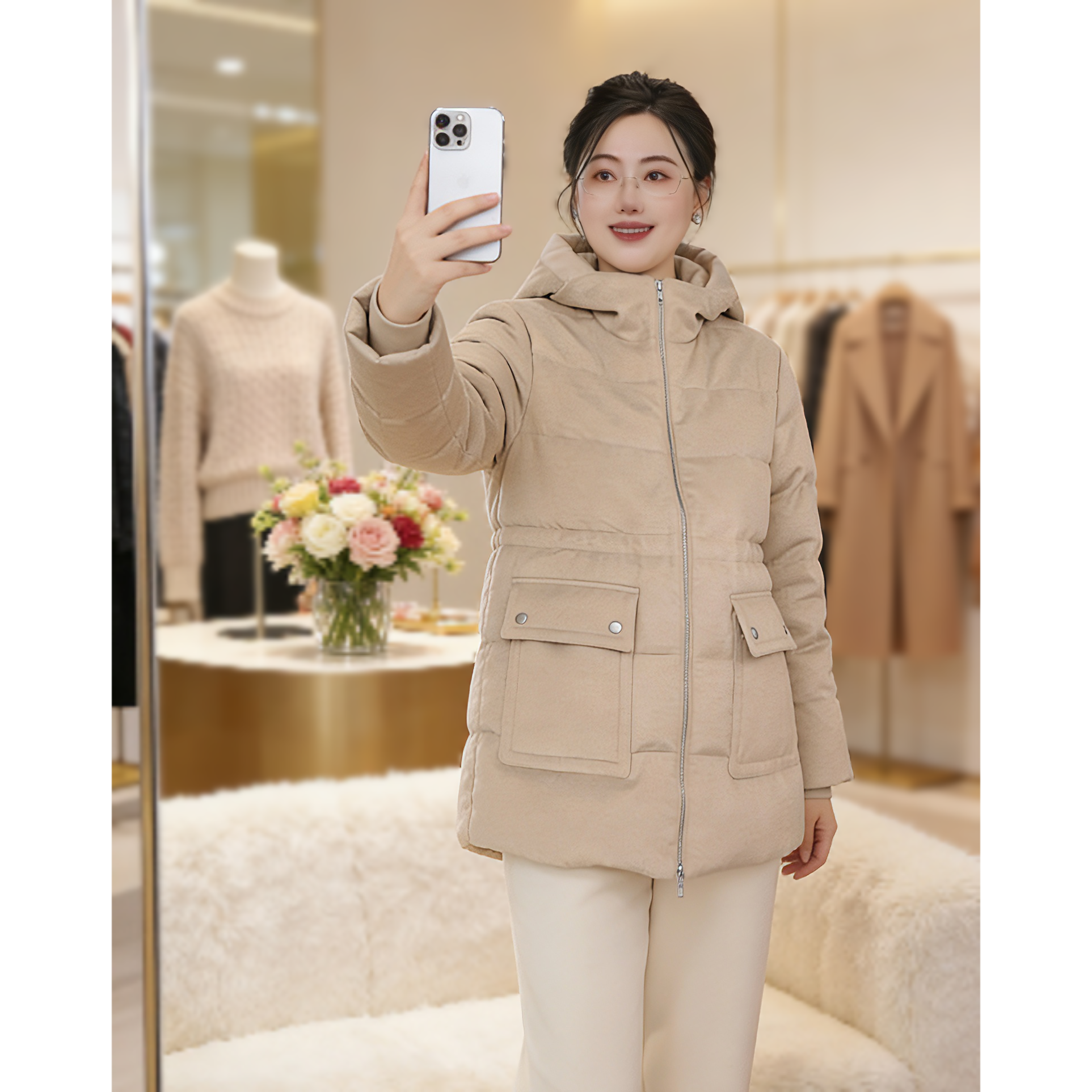 【冬日大鹅】高定桑蚕丝驼绒中长连帽鹅绒服Y