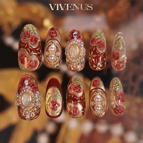 【圣殿玫瑰】奢华复古 手绘水彩玫瑰 卡门红 纯手工高端穿戴甲