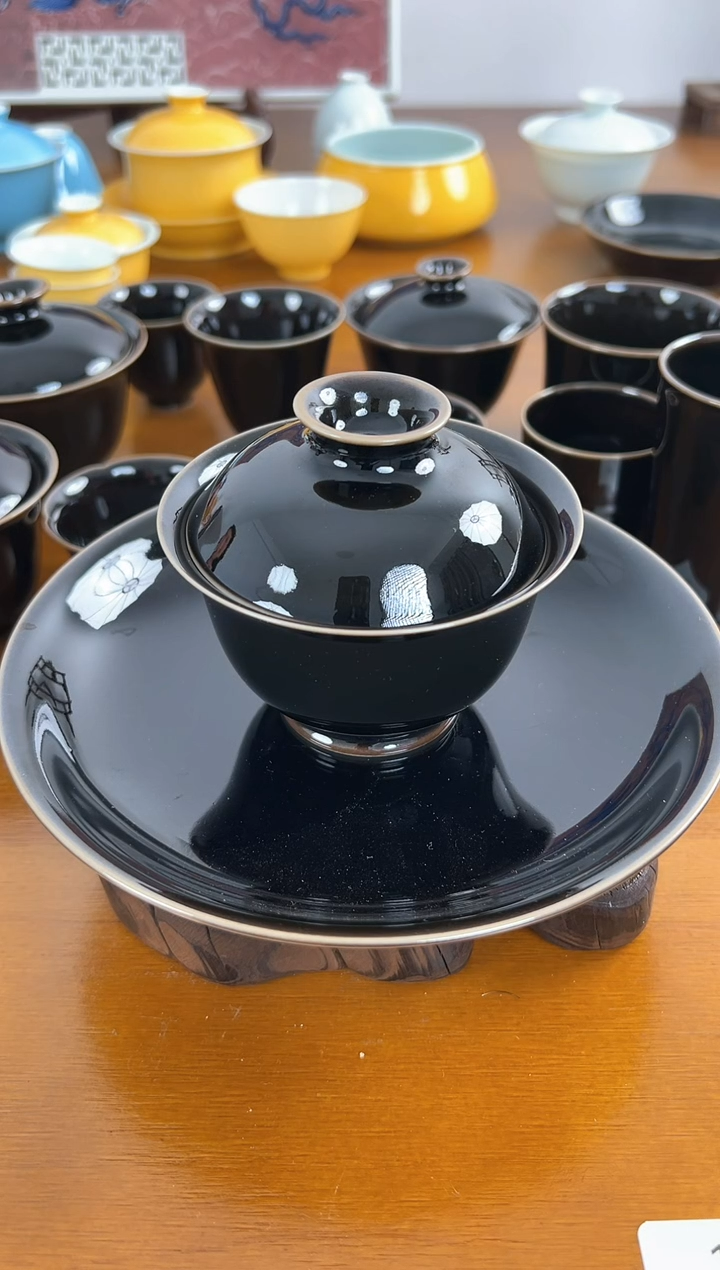 【闪购商品】照夜白高温颜色釉黑武士盖碗＋壶承