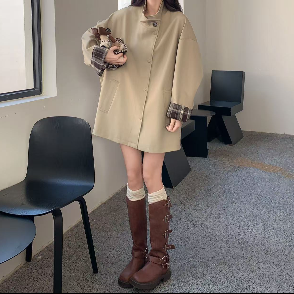 【毛毛专属】 立领廓形撞色格纹风衣