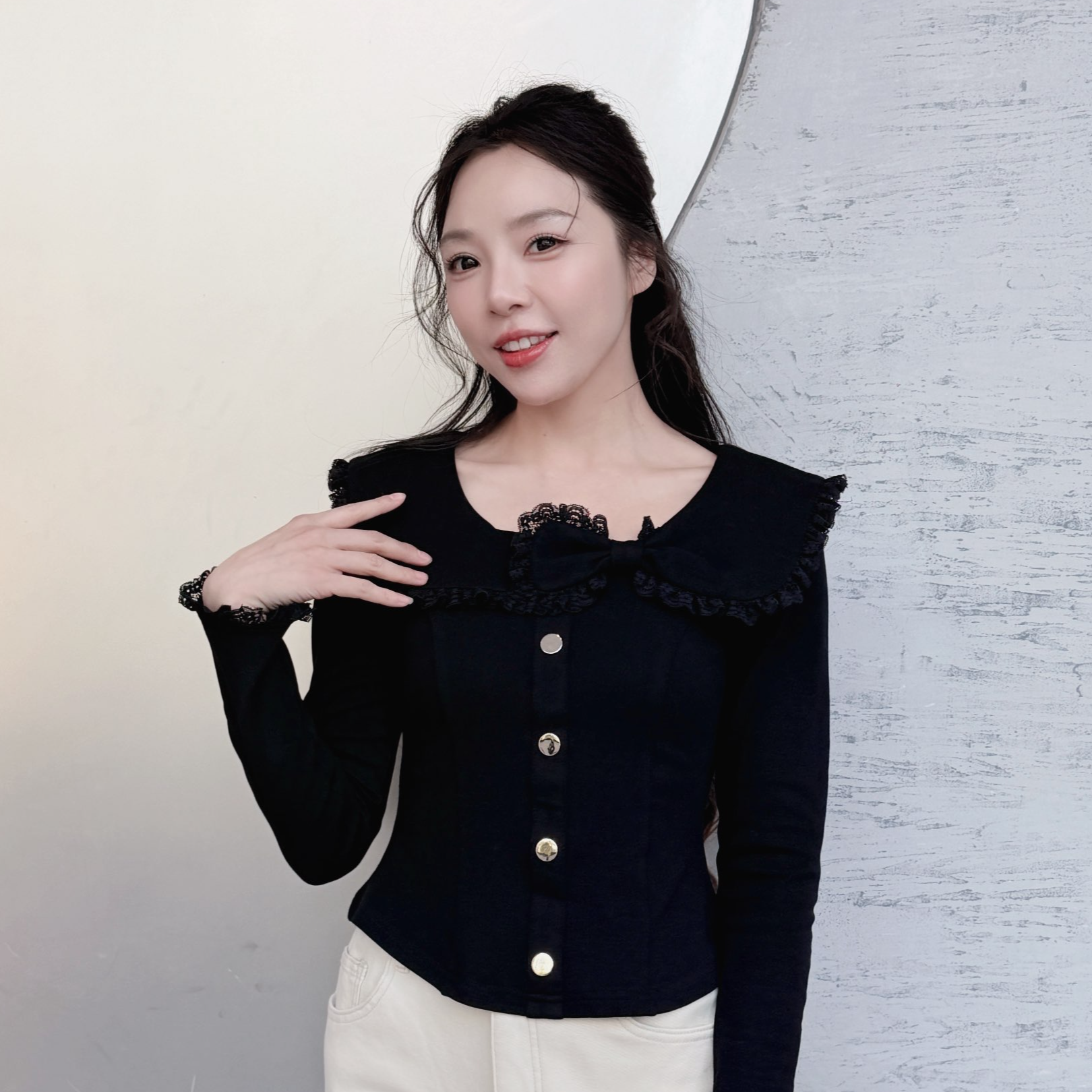 蝴蝶结领上衣蕾丝领气质修身收腰T恤弹力显瘦修身短款长袖百搭