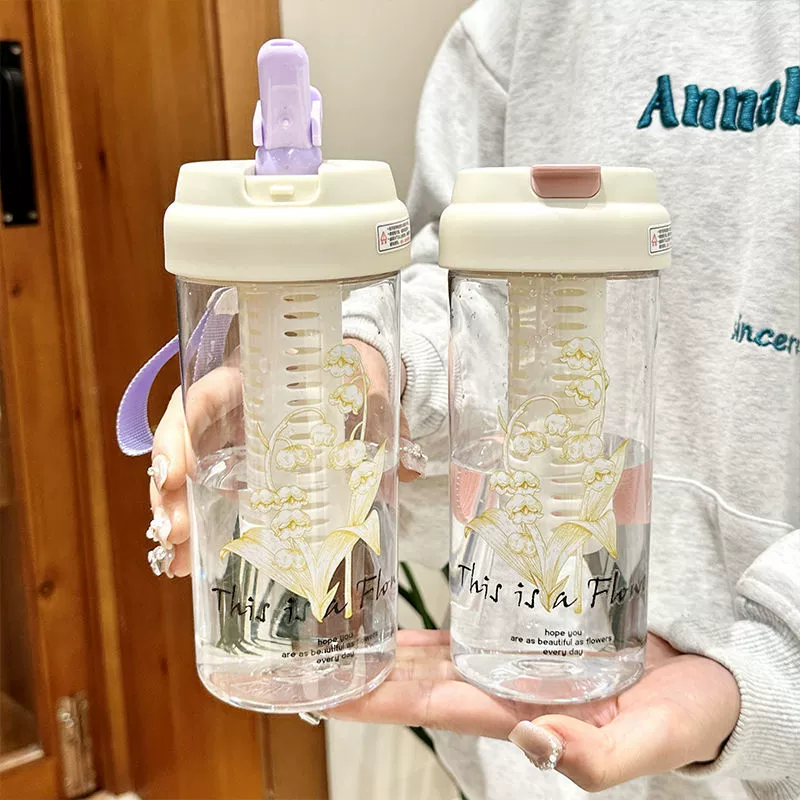 大容量铃兰花茶水分离塑料杯女2024新款水杯高颜值茶漏便携吸管杯