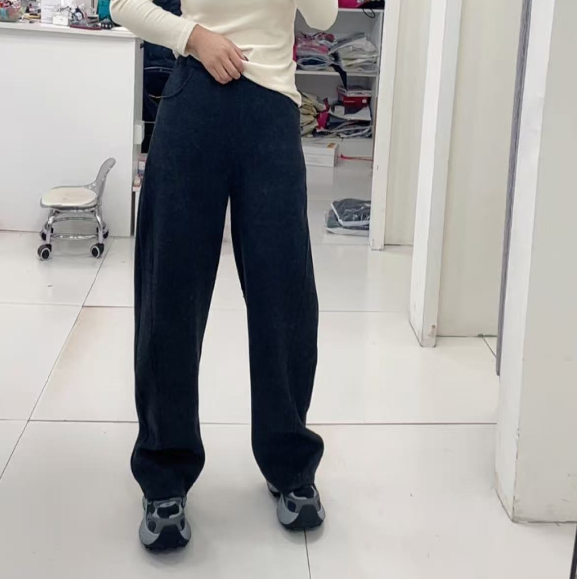 M100时尚百搭加绒弯刀裤宽松黑色-1116直筒阔腿裤加厚秋冬长裤