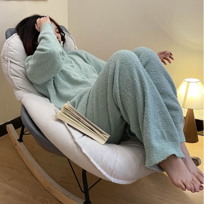 高级感休闲针织开衫半边绒睡衣套装女秋冬季加厚保暖家居服两件套