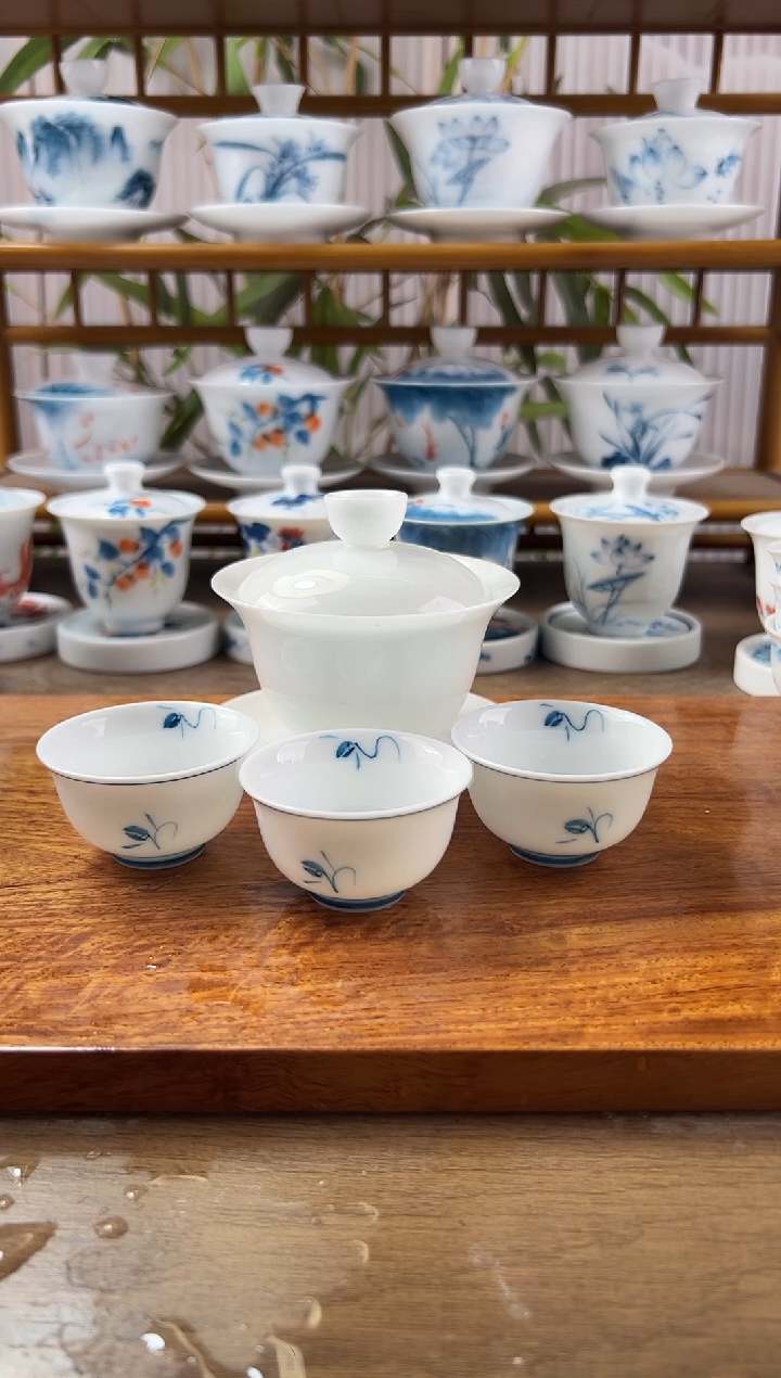 9****2全品高冰纯白150ml三才盖碗+玉兰小和顺杯3个