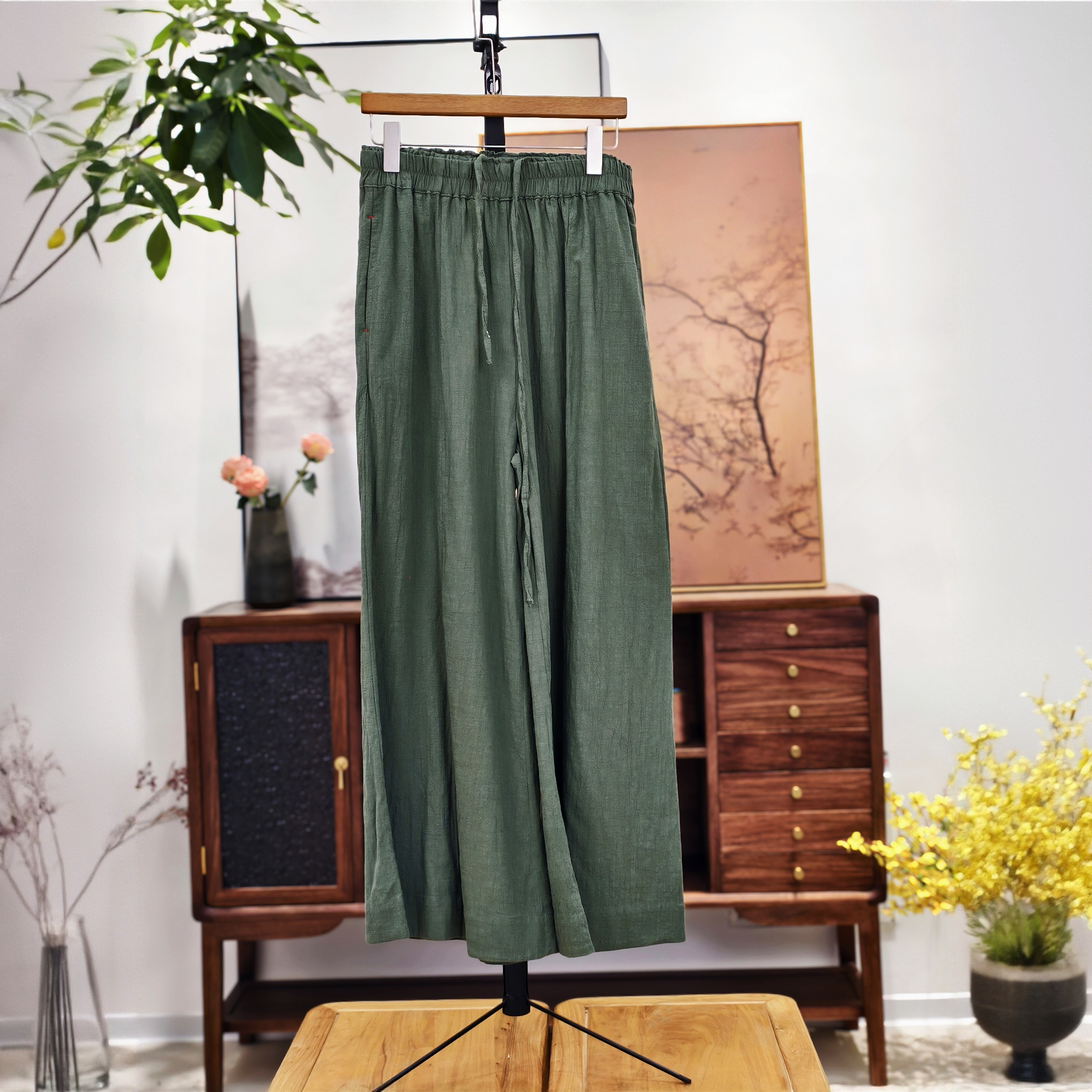 高腰直筒夏季长裤春秋松紧腰九分薄款阔腿裤休闲裤