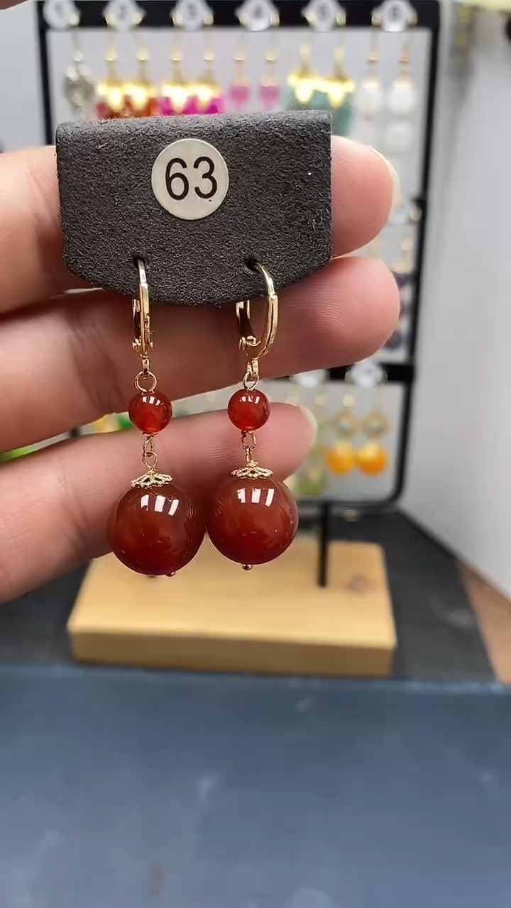 银S925镀金镶嵌南红玛瑙耳饰尺寸14mm连珠耳扣