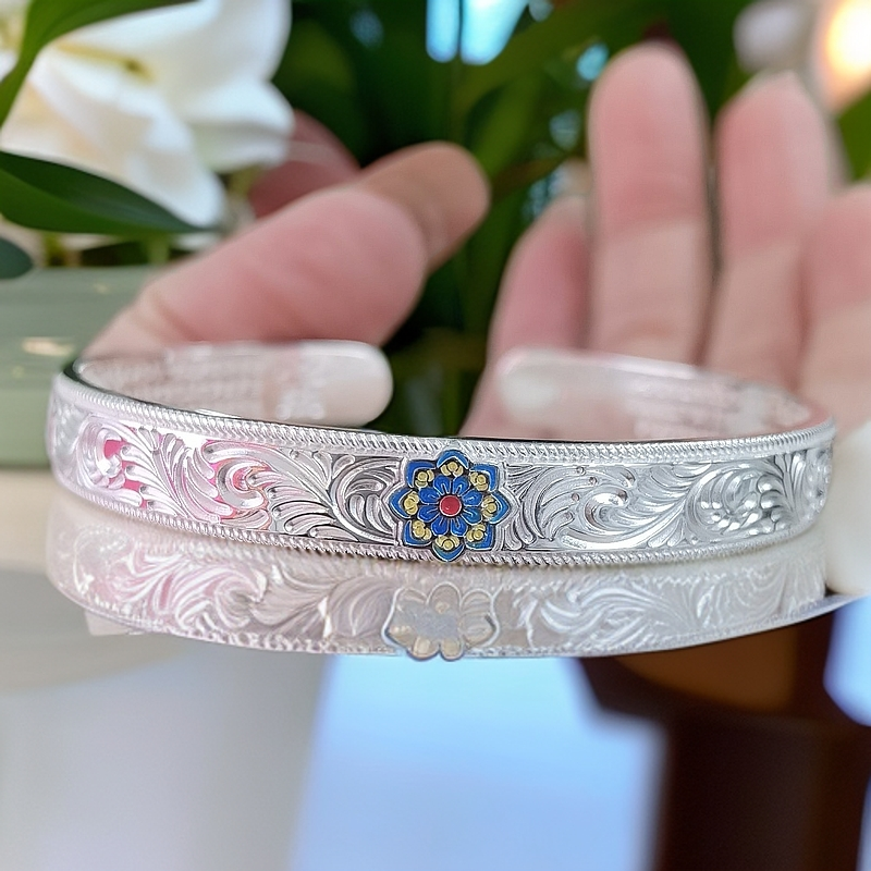 足银珐琅手镯 亮面足银9999珐琅宝相花唐草纹开口时尚精美手镯