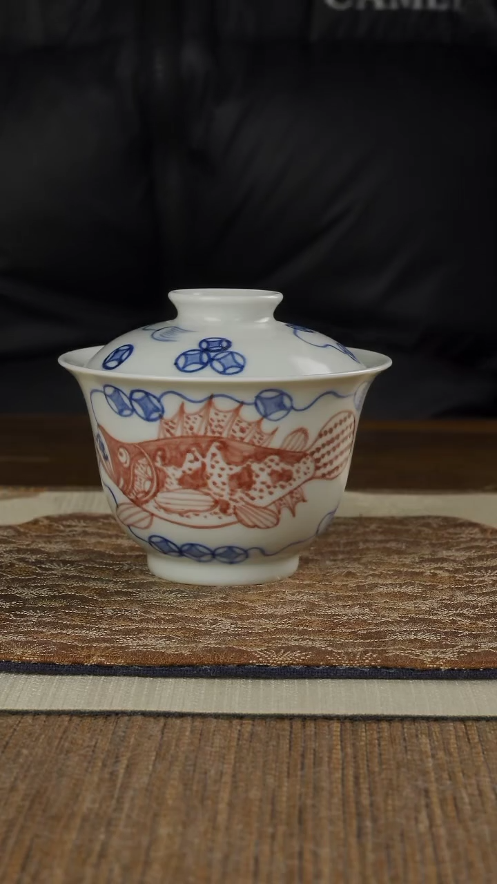 【闪购商品】杯子青花釉里红鳜鱼铜钱盖碗