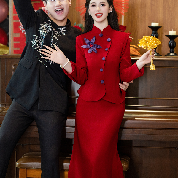 红色敬酒服新娘旗袍新中式订婚礼服裙结婚衣服女长袖套装鱼尾冬季