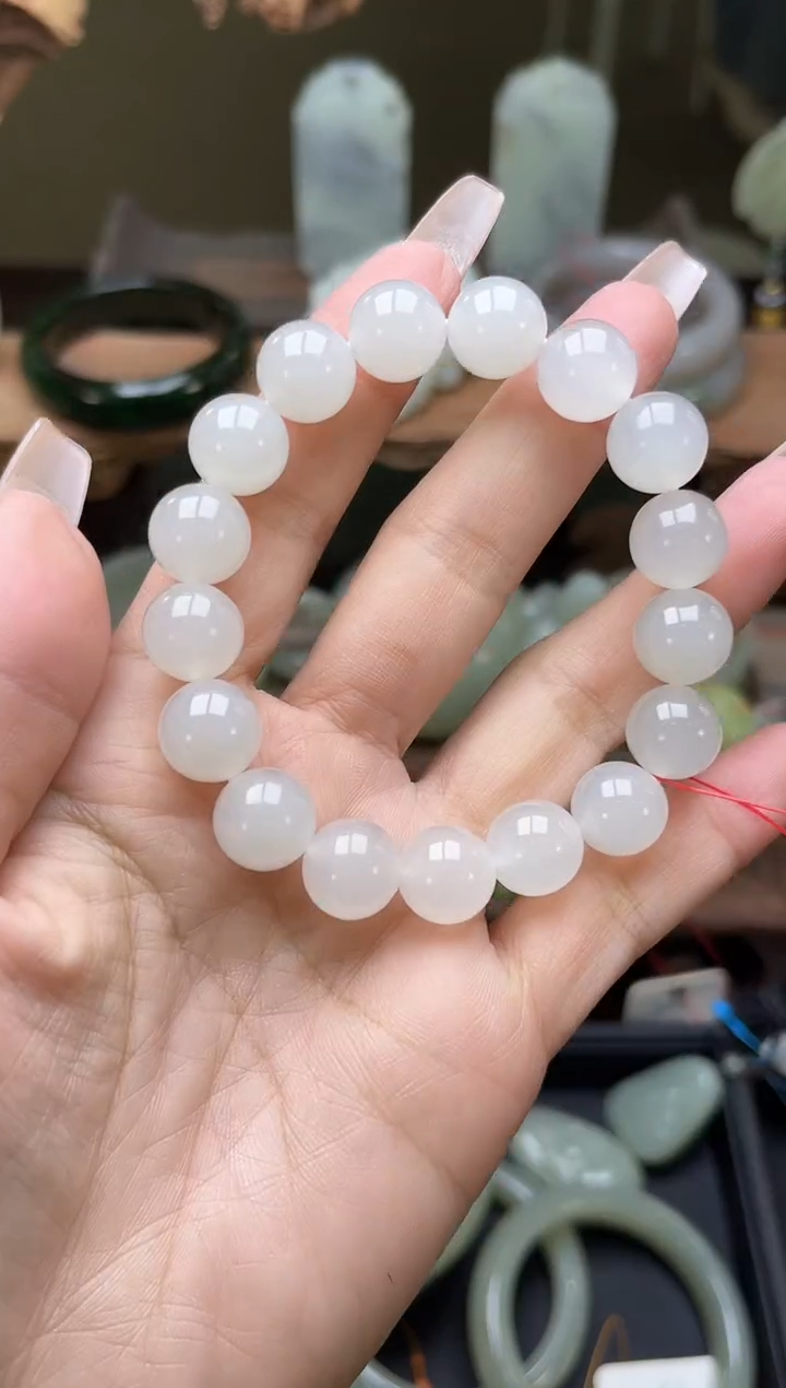 【闪购商品】和田玉手串未镶嵌卡12青海白玉 圆珠9007974