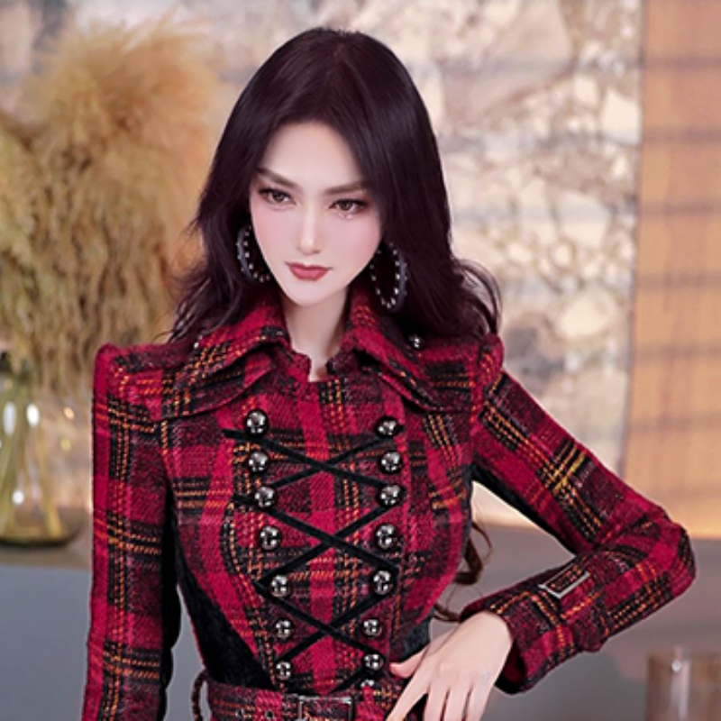 冬季英伦格纹绒感拼接上衣包臀裙两件套2025新款宫廷风套装裙