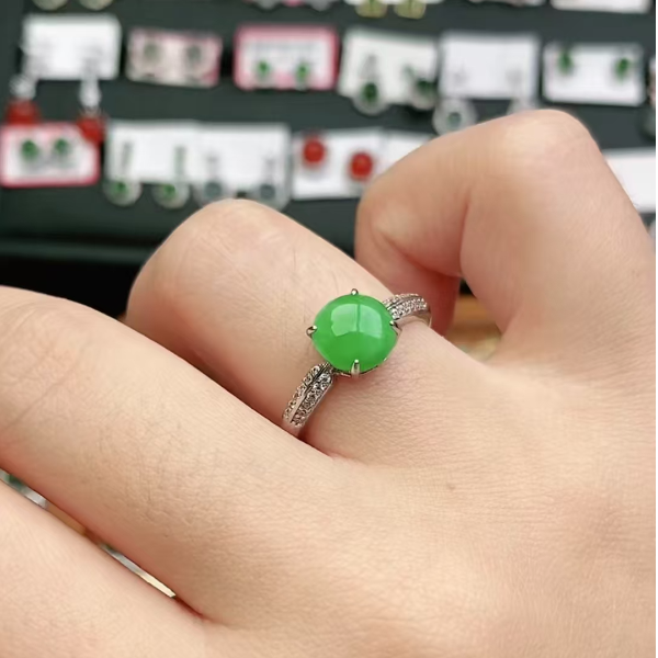 鑫辰珠宝天然A货翡翠银镶嵌设计款开口女戒指时尚百搭