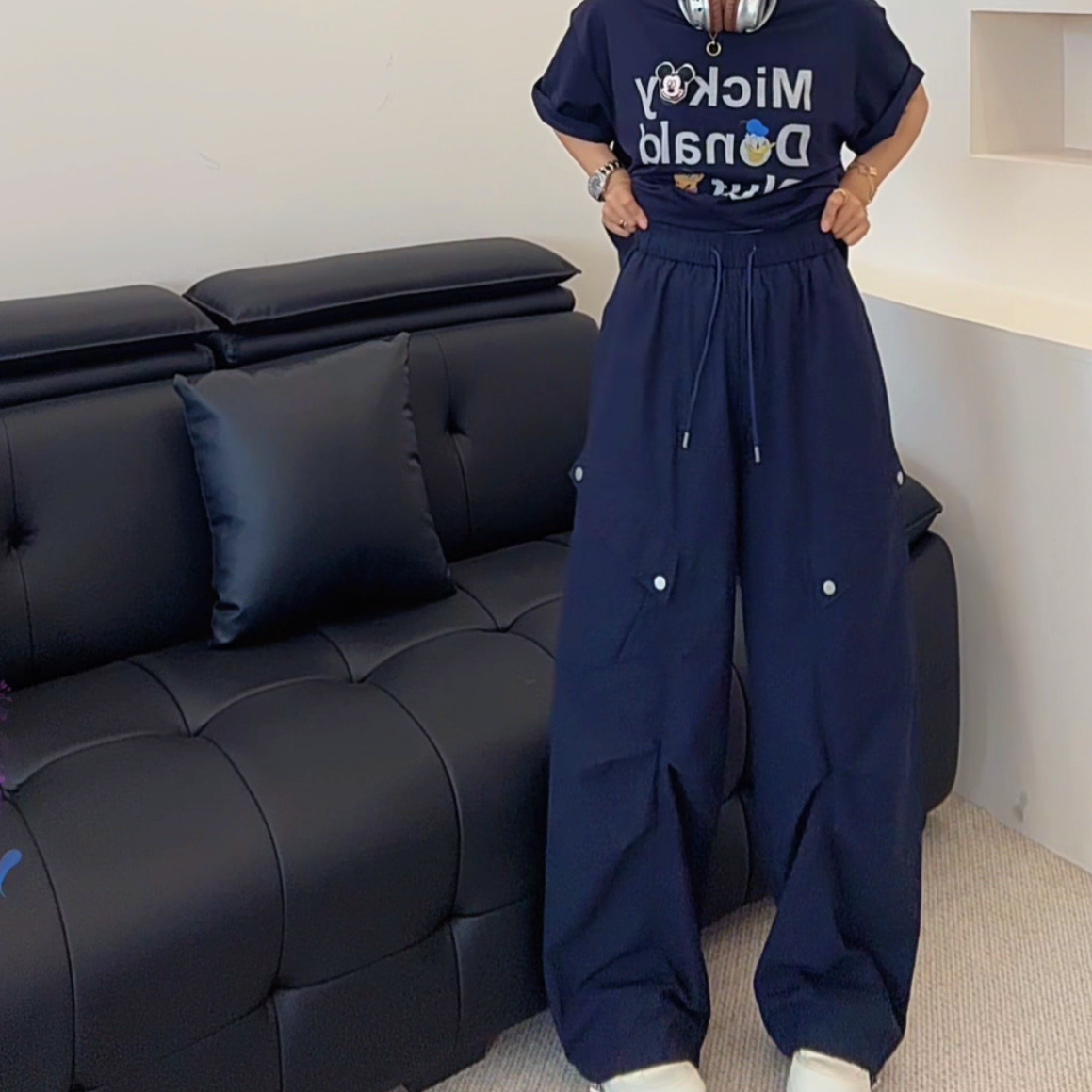 【郁儿严选】2025新款美式复古高街抽绳打褶松紧腰伞兵工装休闲裤