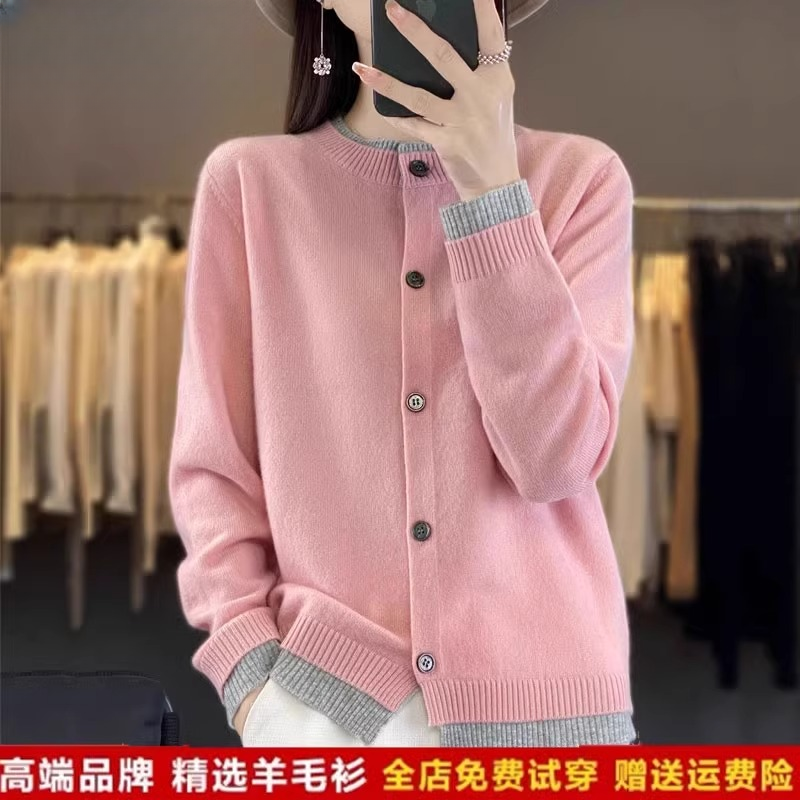 鄂尔多斯市100纯羊毛针织开衫假两件外套女春秋新款外搭上衣宽松