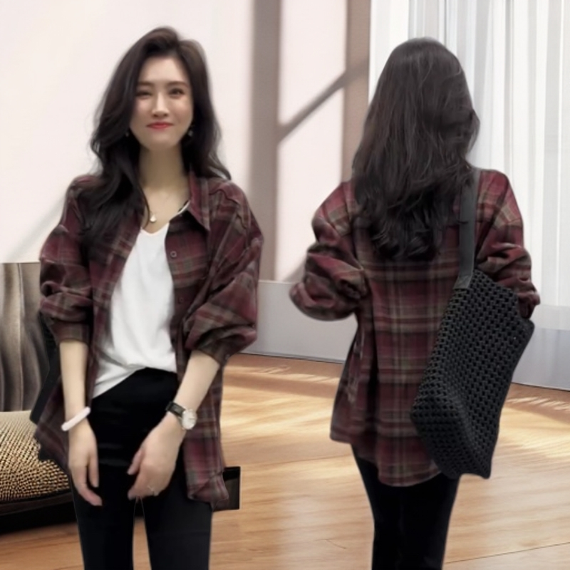 5268秋季新款长袖格子衬衣外套女宽松显瘦慵懒风开衫磨毛微喇上衣