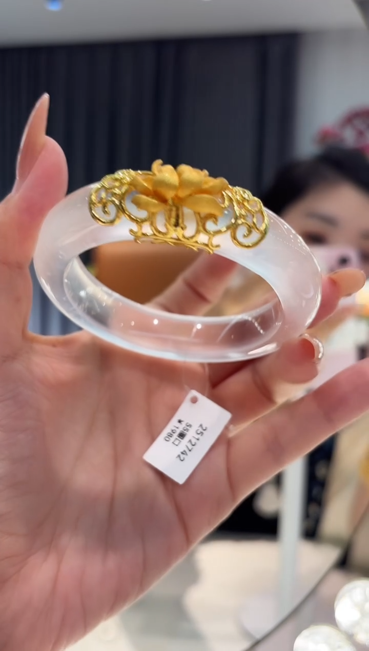 银S925镀金镶嵌手镯石英质玉12742