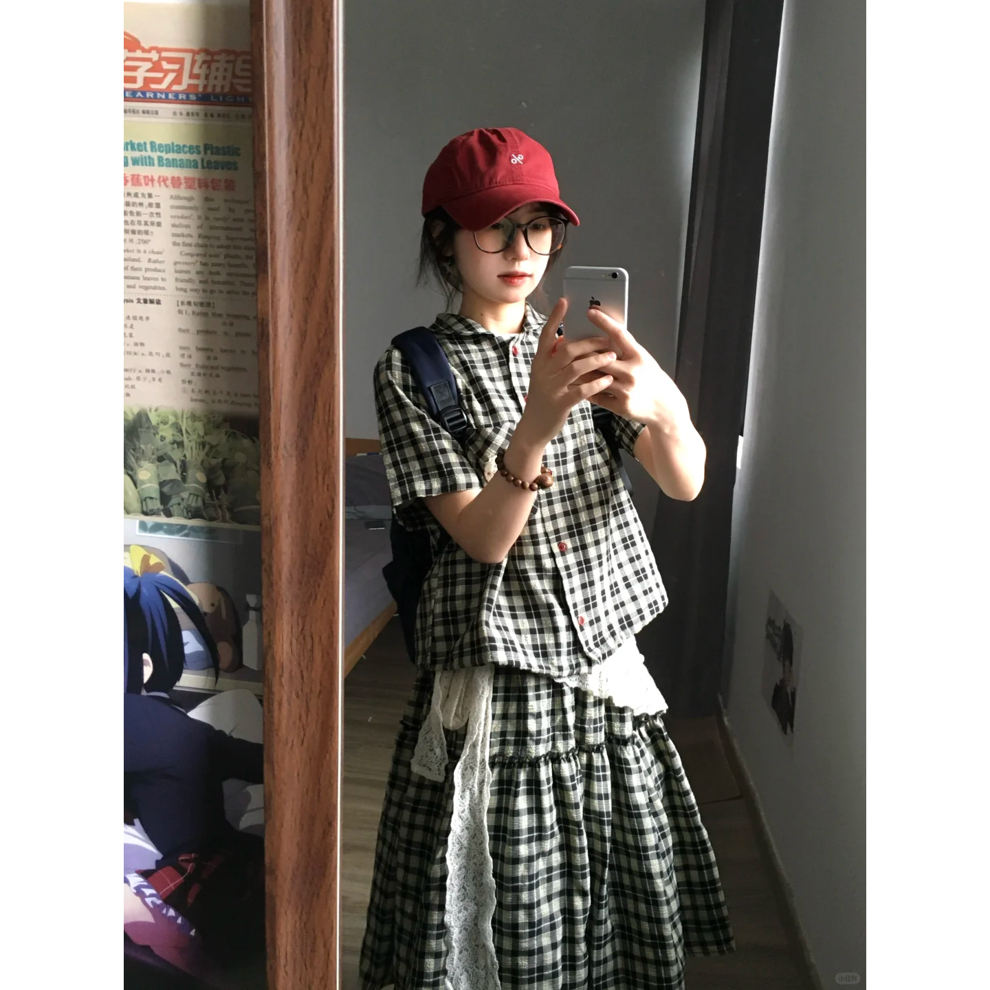 【日杂少女】马得工地日系可爱夏季抽绳格子学院风复古衬衫半裙套装