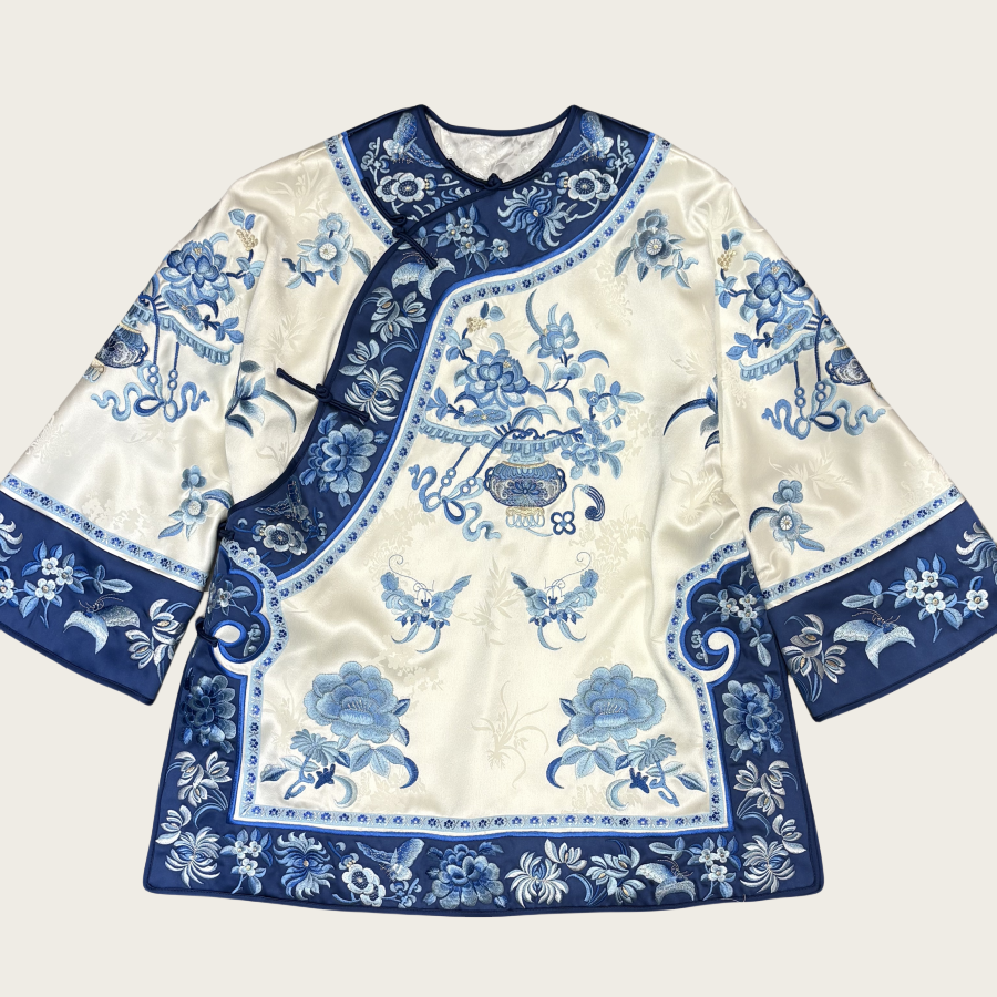 深圳南油高品青花瓷三蓝重工刺绣醋酸提花太太服上衣新中式外套