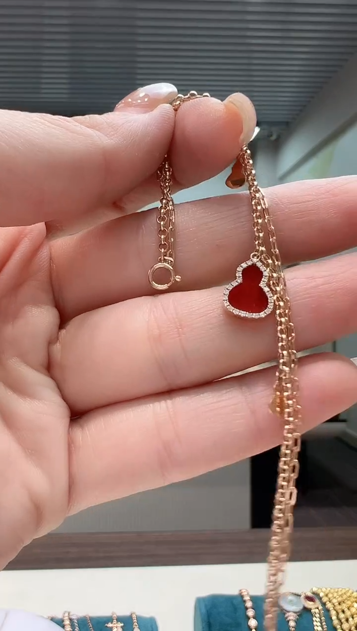 【闪购商品】钻石手链18K金镶嵌满钻红葫芦手链